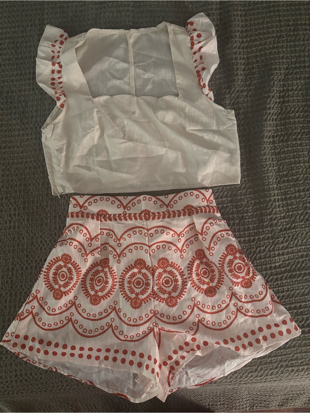 Cream and Rust Printed Women’s Shorts Set and Ruffle Sleeves Crop Top